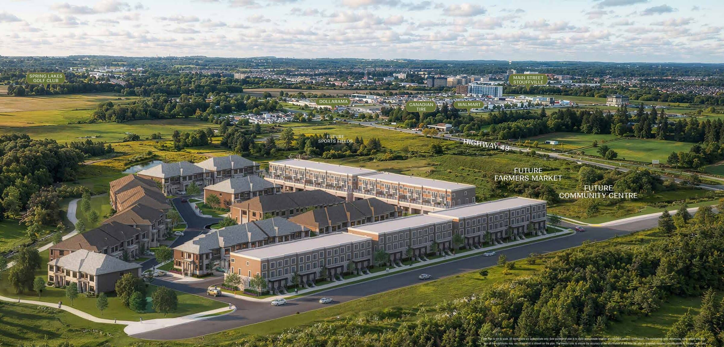 Labelled aerial of Kingshaven showing Spring Lakes Golf Club, Main Street Stouffville, Highway 48, big-box retail, and the future on-site farmers market, community centre and sports fields