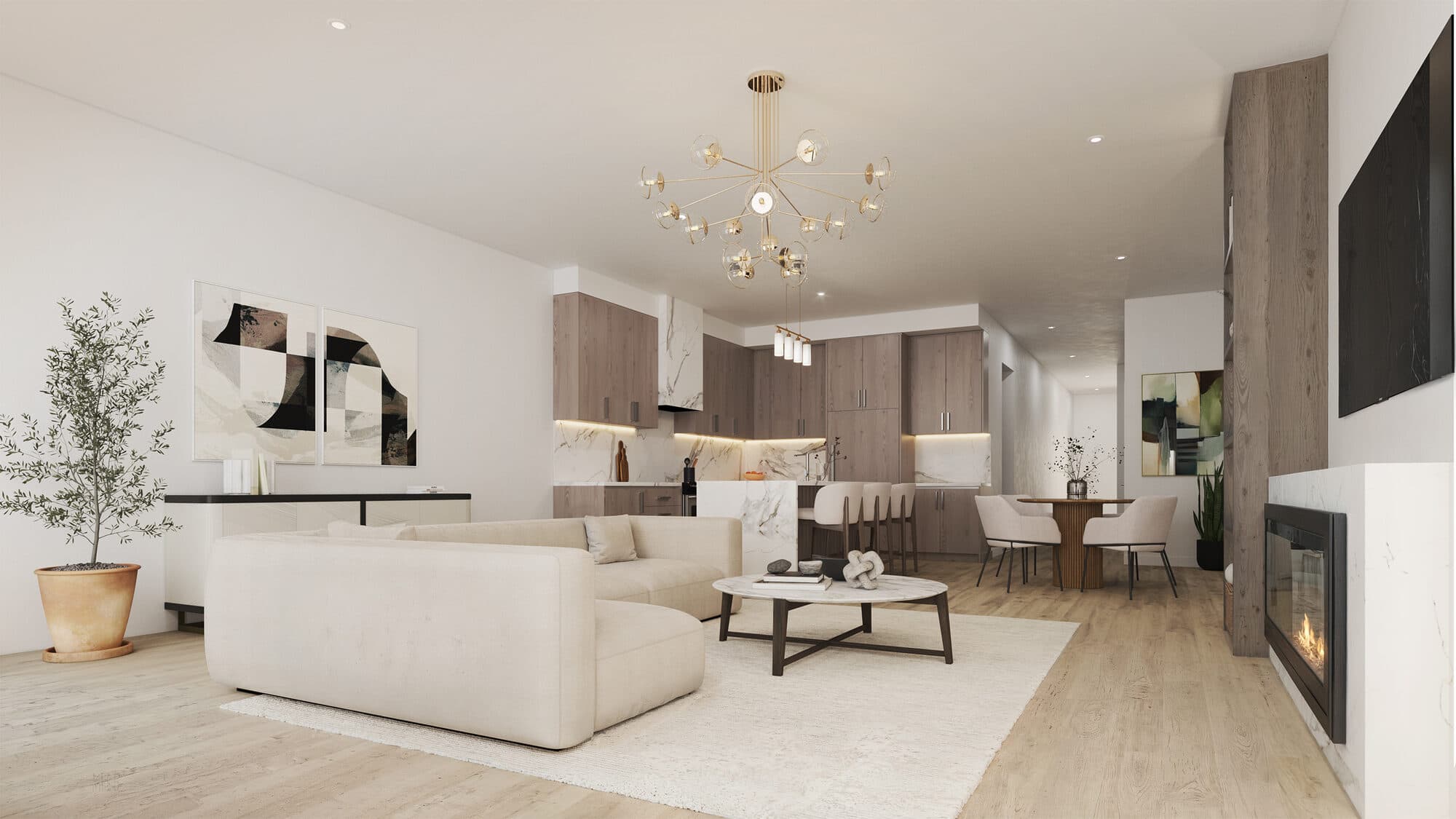 Kingshaven interior — open kitchen with quartz countertops and designer island